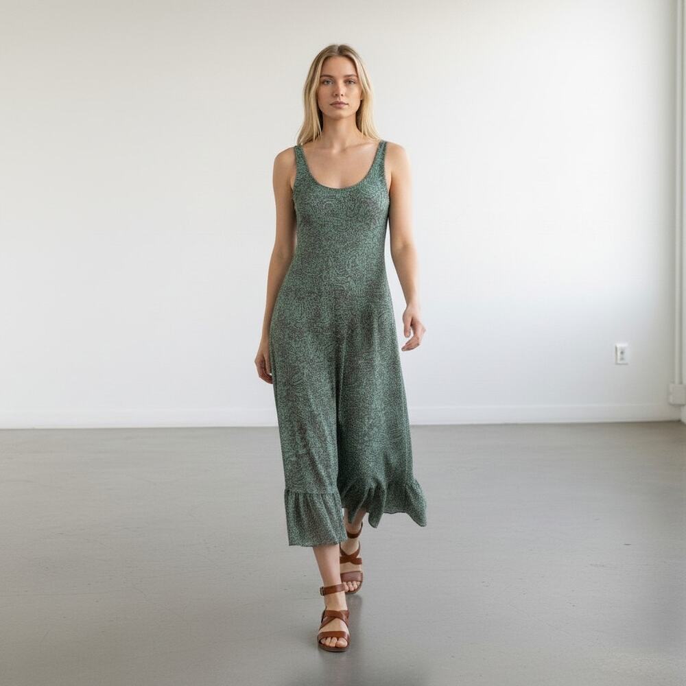 Vintage Y2K 90s Jones Studio Green Paisley Tiered Sleeveless Midi Dress Size 14
